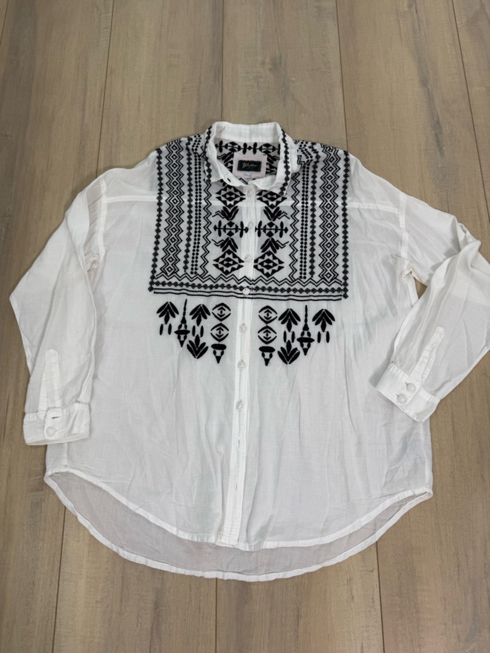 Johnny Was Biya Navy Blue Embroidered Button down